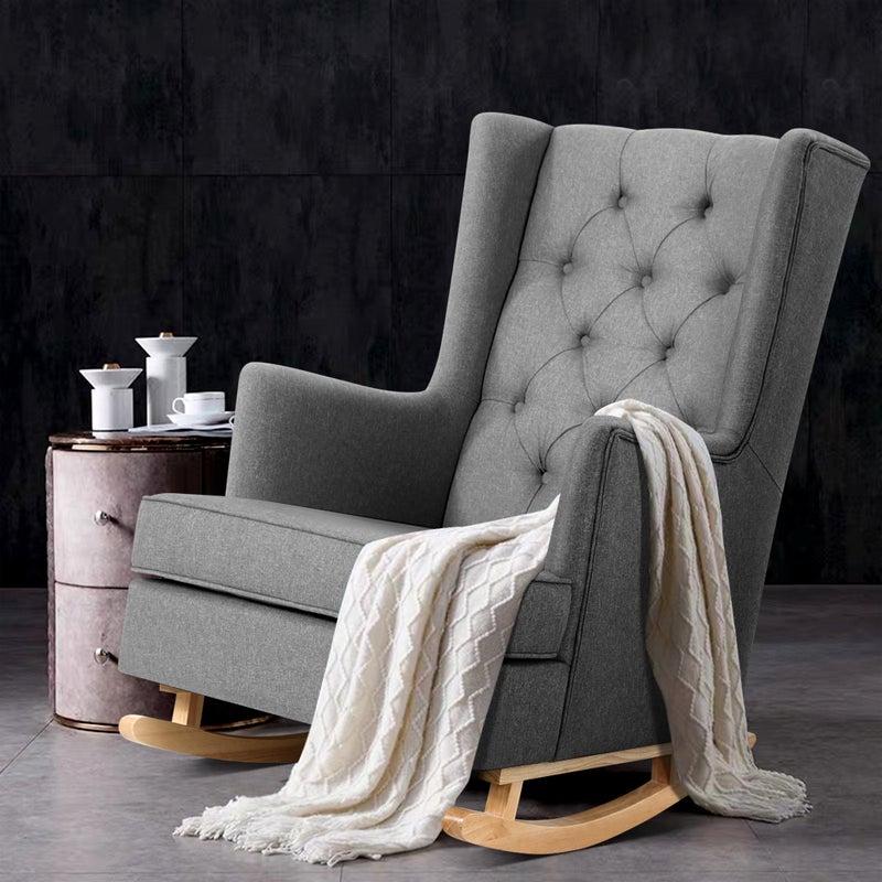 Rocking Armchair Feeding Chair Linen Fabric Lounge Retro Grey
