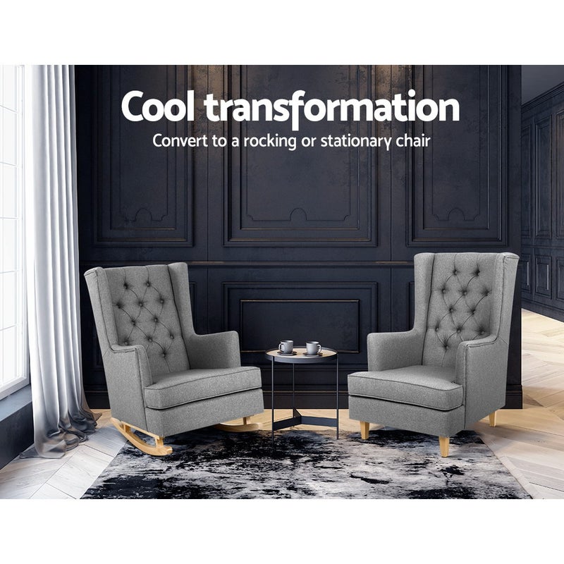 Rocking Armchair Feeding Chair Linen Fabric Lounge Retro Grey